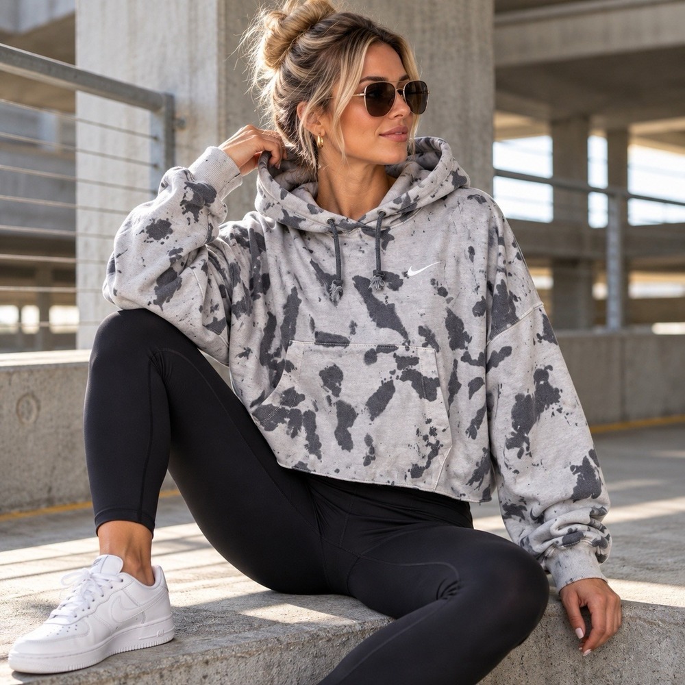 Nike Sportswear Washed Jersey Cropped Hoodie Women's M Black Grey DM6716-010